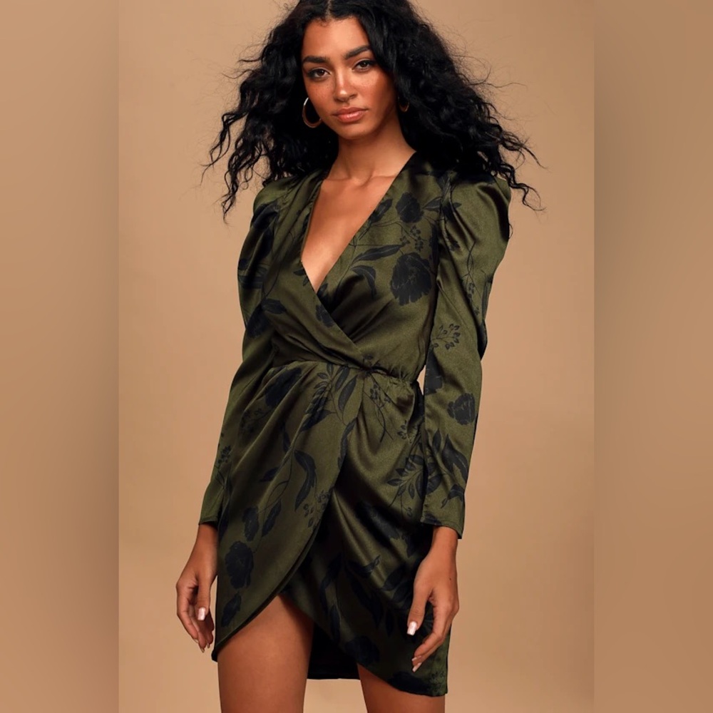 Elegant Olive Green Wrap Dress